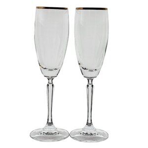 2 Schott Zwiesel Concord Gold Champagne Glasses 9" 1990s gold rim stemware vtg G